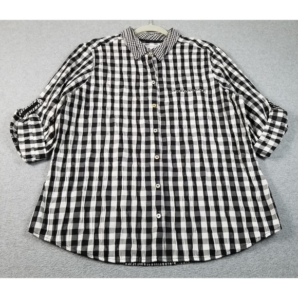 Foxcroft Tops - Foxcroft Button Up Shirt Women's 16 Black White Check Seersucker 3/4 Sleeve Top